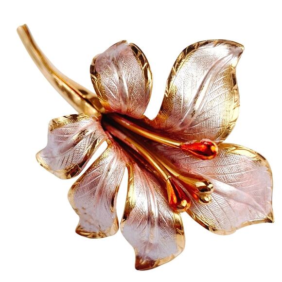 VTG Signed Cerrito Brooch 1950s Pink and Gold Enamel Lily Mid Century Floral Pin - Picture 1 of 12